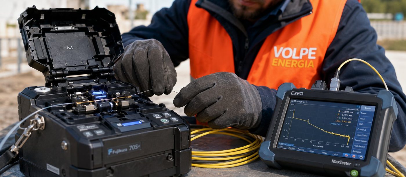 Technicien Volpe Energia mesurant une liaison fibre avec soudeuse Fujikura et réflectomètre OTDR EXFO en Haute-Corse